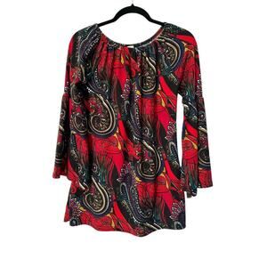 Win Win Top Womens Size S-M Bell Sleeve Red Black Tribal Aztec Boho Hippie Tunic